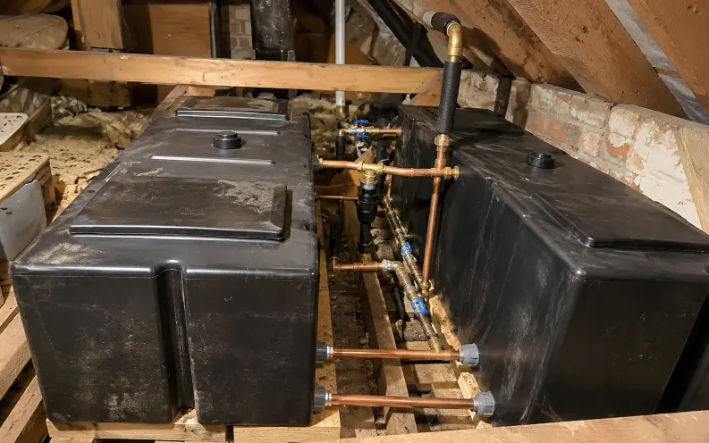 Two black water storage tanks connected by copper pipes and brass valves in an attic with exposed wooden rafters.
