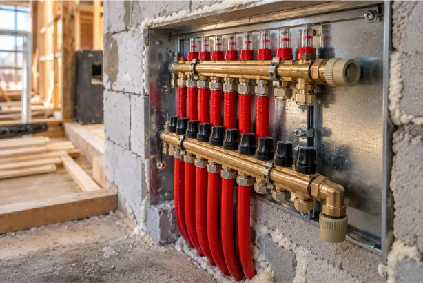 Brass underfloor heating manifold with red heating pipes and flow meters installed in an unfinished residential property.