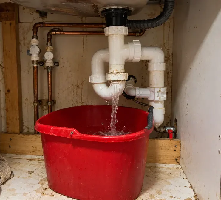 Leaking sink P-trap draining into a red bucket under a kitchen cabinet