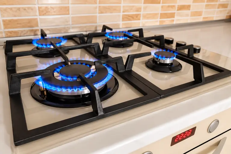 Modern four-burner stainless steel gas hob with blue flames, black cast-iron grates, and metal control knobs on a kitchen countertop.