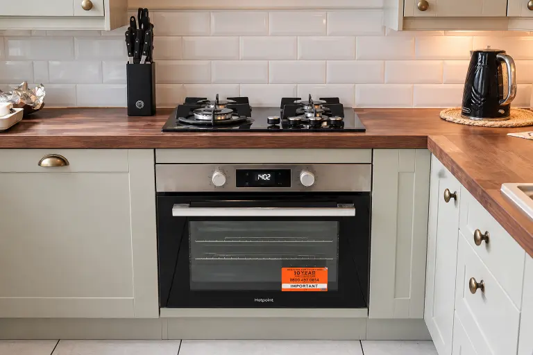 Black gas hob and built-in Hotpoint oven in a modern cream kitchen with wooden countertops and white subway tiles.
