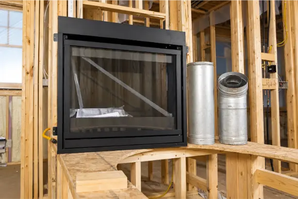 Black fireplace insert with metal vent pipes in an unfinished timber-framed home during installation.