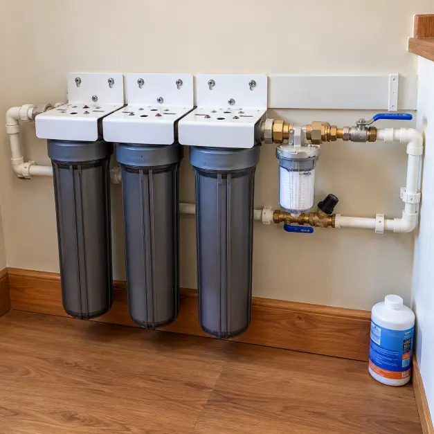 Wall-mounted three-stage water filtration system with pipework, brass valves, and a sediment filter