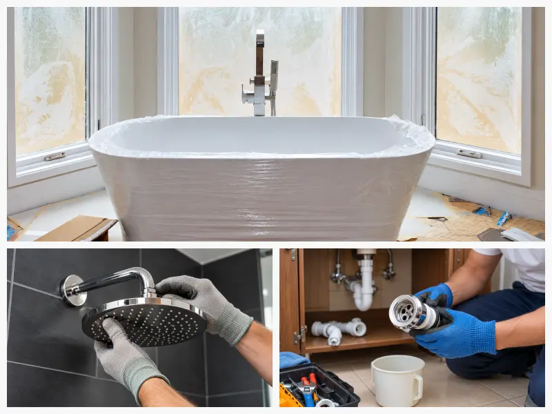Bathroom plumbing collage featuring a freestanding bathtub installation, chrome showerhead fitting, and under-sink drain repair by a plumber.