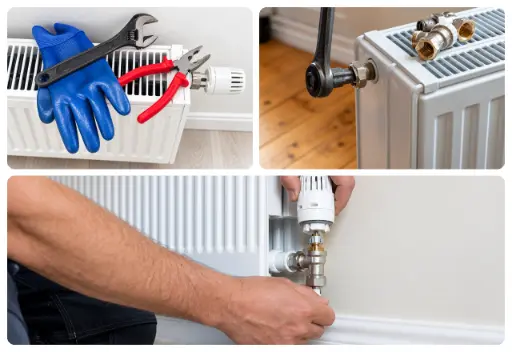 Collage of radiator maintenance tools and a plumber adjusting a thermostatic radiator valve during central heating repairs.